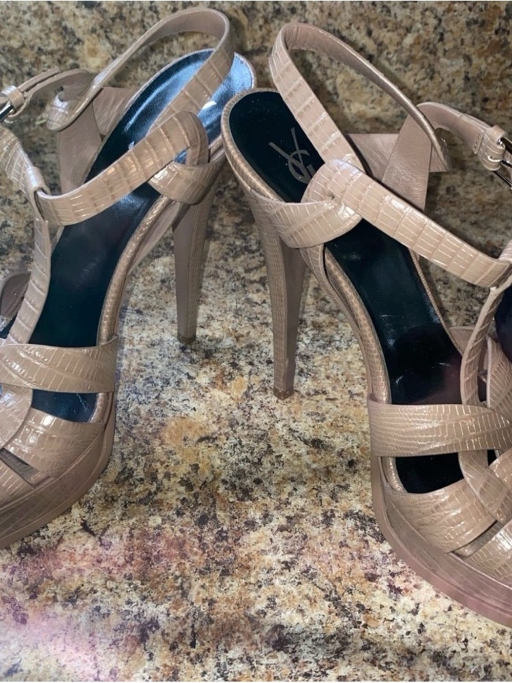 Saint Laurent Nude Tribute Croc-Embossed Leather T-Strap Heels - Picture 2 of 8